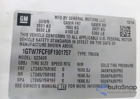 2015 GMC Savana 2500 Work Van z USA, uszkodzony, nr VIN 1GTW7FCF8F1901757